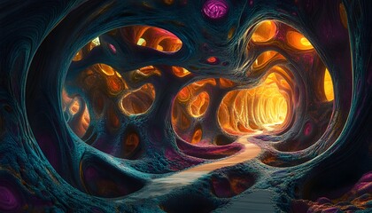 Poster - A vibrant, abstract representation of an organic structure resembling cellular pathways. The intricate design showcases glowing elements that evoke a sense of discovery and wonder.