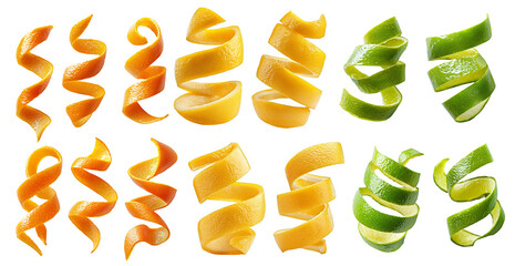 spiral of citrus peel set collection isolated white background. cocktail or food fruit decoration of