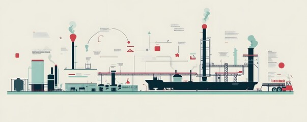 Poster - An informative illustration of an industrial landscape featuring factories, smokestacks, and machinery, showcasing modern manufacturing processes and the complexity of industrial o