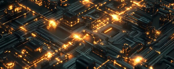 Poster - An intricate aerial view of a futuristic circuit board, glowing with vibrant lights and complex patterns