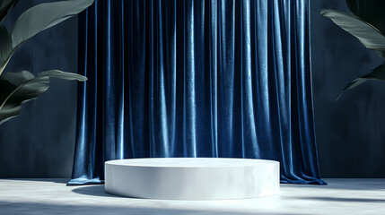 Poster - A 3d rendering of a simple product showcase scene with a podium and an abstract background with a blue velvet curtain behind the empty white stage. Velvet. Illustration