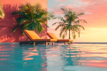 Wall Mural - Serene Sunset Oasis with Poolside Loungers and Lush Palms