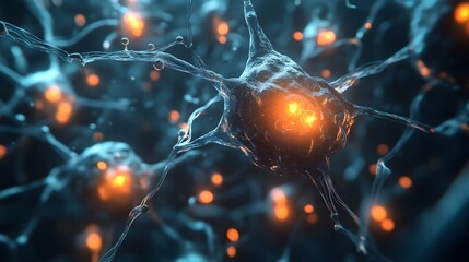 Poster - This intricate image showcases a close-up of neurons, highlighting the vibrant, glowing connections that depict the complexity of neural networks in the human brain.