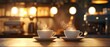 © Ytnart - Two steaming cups of coffee on a wooden table, surrounded by a warm and inviting cafe atmosphere, with soft lighting and a blurred background enhancing the cozy feeling.