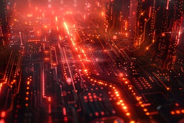 Canvas Print - Futuristic Circuit Board with Glowing Red Lights