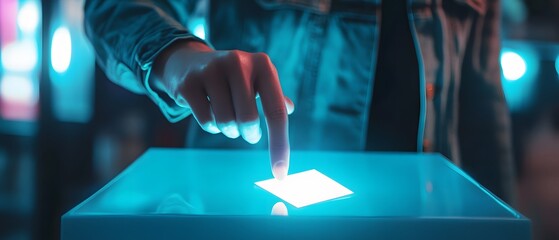 Poster - A close-up of a hand poised over a blue-lit digital screen, demonstrating interaction with smart technology in a modern setup, symbolizing innovation and user engagement.
