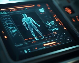 Poster - A futuristic touch screen display showcasing a holographic human figure, highlighting advanced technology in health monitoring and diagnostics. Innovation at its finest.