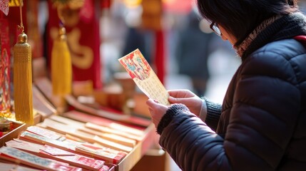 Woman Reading Cultural Text in Traditional Market Setting