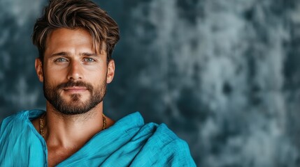 This portrait captures a confident man dressed in traditional blue, exuding charisma against a blurred background, highlighting personal style and modern fashion.