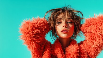 a fashion-forward woman sporting a vivid orange fur coat poses confidently under a clear blue sky, p
