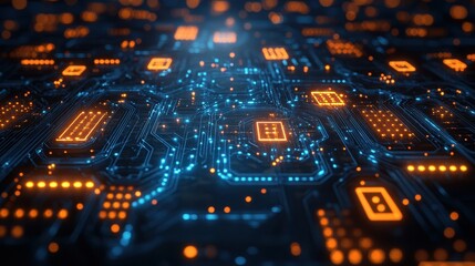 Poster - Abstract High-Tech Circuit Board with Glowing Orange and Blue Lights, Futuristic Background.