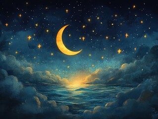 Wall Mural - Dreamy Night Sky with Crescent Moon, Stars, and Glowing Horizon over Ocean, Watercolor Illustration.