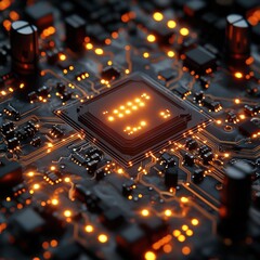 Poster - Close-up of Illuminated Microchip on Circuit Board High-Tech Technology Background