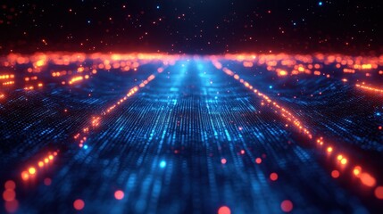 Poster - Abstract Digital Data Stream Glowing Blue and Orange Particles Background for Technology, AI, and Network Concepts.
