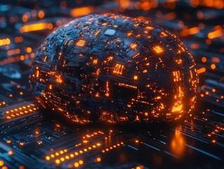 Poster - Glowing Circuit Board Sphere Abstract Technology Background with Orange LEDs and Dark Blue Hues.