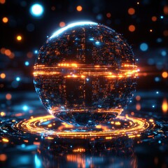Poster - Abstract Digital Globe with Glowing Circuitry and Data Flow, Representing Global Network and Technology.