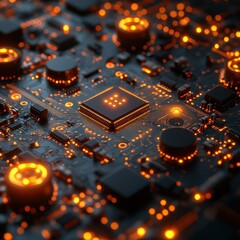Poster - Glowing Microchip Close-up with Bokeh, Orange and Black PCB Detail.