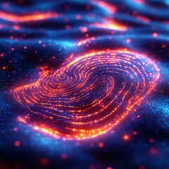 Poster - Abstract Glowing Fingerprint Scan on Dark Blue Wavy Background with Red and Orange Lights.