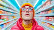 © ChaoticDesignStudio - Quirky young man in bright attire shopping in grocery store