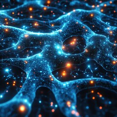Poster - Abstract Neural Network Connection Glowing Blue and Orange Particles on a Dark Background.