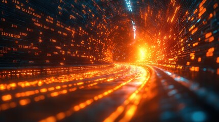 Poster - Abstract Digital Data Tunnel with Binary Code and Glowing Lights.