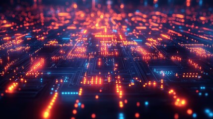 Poster - Abstract Futuristic Circuit Board with Glowing Red and Blue Lights, Close-up Tech Background.