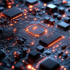 Poster - Close-up of Illuminated Circuit Board with Central Processing Unit, High-Tech Technology Background Image