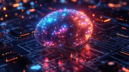 Poster - Glowing Digital Brain Circuit Board Concept with Abstract Bokeh Background.