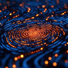 Poster - Abstract Data Network with Concentric Circles and Glowing Orange Nodes on Dark Blue Background.
