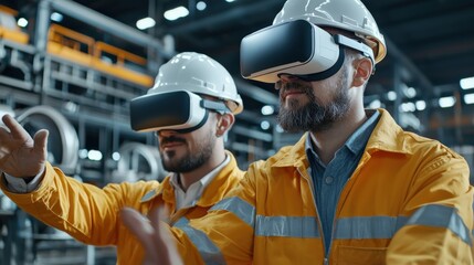 Aufkleber - Two engineers wearing VR headsets analyzing a futuristic industrial construction project,