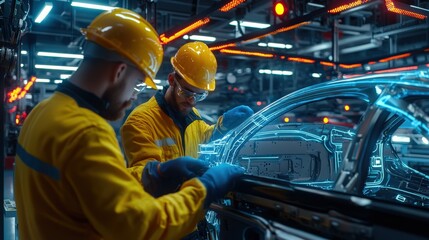 Poster - Two engineers in hard hats inspecting the car assembly line, illuminated by futuristic neon lights