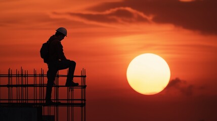 Poster - Silhouette of a construction worker standing on a scaffold against a bright orange sunset