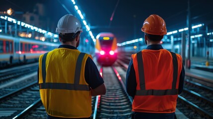 Aufkleber - Railway workers watching a train pass by, vibrant blue and red lights reflecting on the track