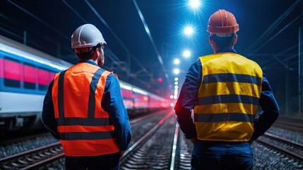 Poster - Railway workers watching a train pass by, vibrant blue and red lights reflecting on the track