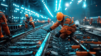 Poster - Railway workers completing a new rail line under neon blue lights