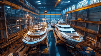 Poster - Large yachts under construction in a brightly lit shipyard with vibrant blue highlights,