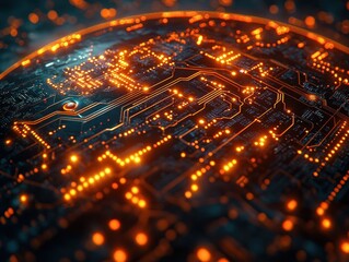 Poster - Abstract Close-Up of a Glowing Circuit Board with Orange Light Bokeh, High-Tech Technology Background.