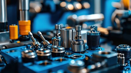 Poster - Close-up of precision tools on a mechanics table, sharp focus with vibrant blue hues