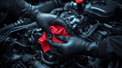 Poster - Close-up of black gloves wiping an engine with a red rag, fair light highlights on metal surfaces