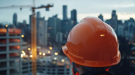 Poster - Close-up of an orange safety helmet with a construction site in the background, city lights glowing at dusk