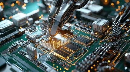Aufkleber - Close-up of a robotic arm assembling microchips, futuristic factory setting, soft focus on the background
