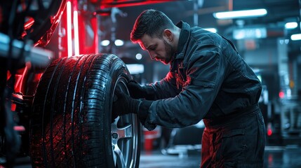 Poster - Auto mechanic changing a tire in a workshop with red neon accents, industrial theme