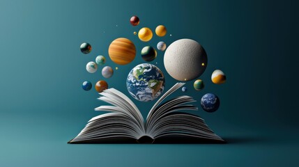 Poster - An open book with holographic planets and stars floating above it, representing universal knowledge, futuristic background