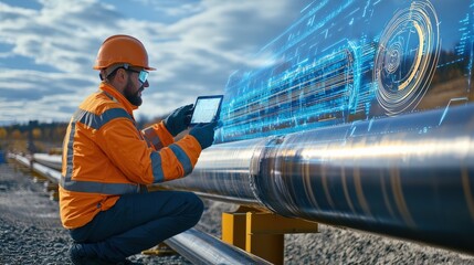 Aufkleber - An oil and gas worker inspecting industrial pipelines with a futuristic digital overlay,