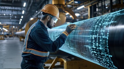 Aufkleber - An oil and gas worker inspecting industrial pipelines with a futuristic digital overlay,