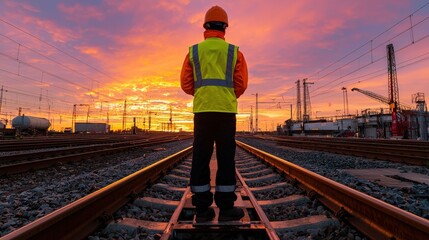 Poster - A worker standing on a railway track watching a sunset with bright orange and purple hues