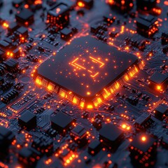 Poster - Glowing Circuit Board with Orange Light Emitting from Central Microchip, Close-Up Detail.