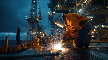 Poster - A welder working on an oil rig at night with sparks flying under dramatic neon lighting