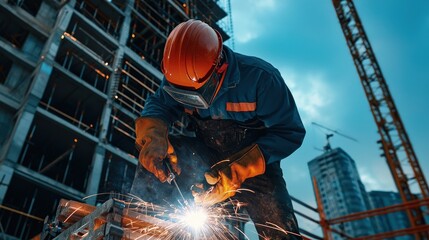 Poster - A welder working on a skyscraper construction project under dramatic neon lighting
