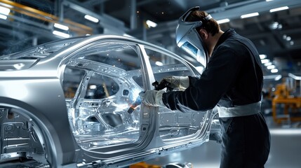 Poster - A welder working on a car body in a brightly lit automotive factory